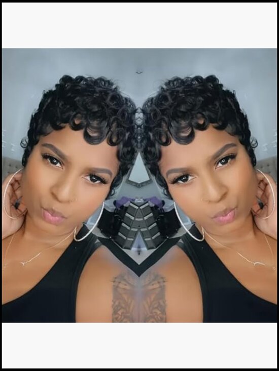Pixie Cut Curly Human Hair Wig Glueless Wear and Go Short Layered Bangs main image 5